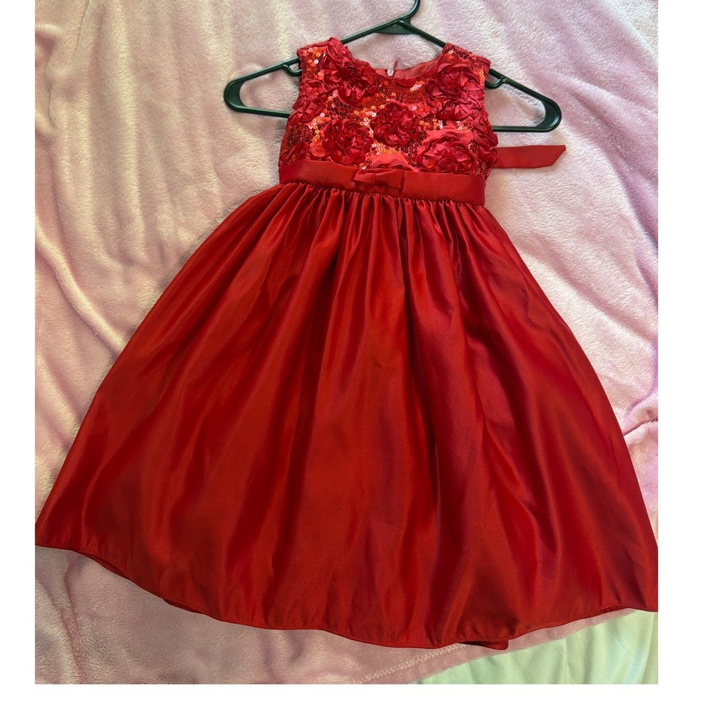 Girls Red Rosette Sequin Satin Party Dress Formal Holiday Special Occasion
